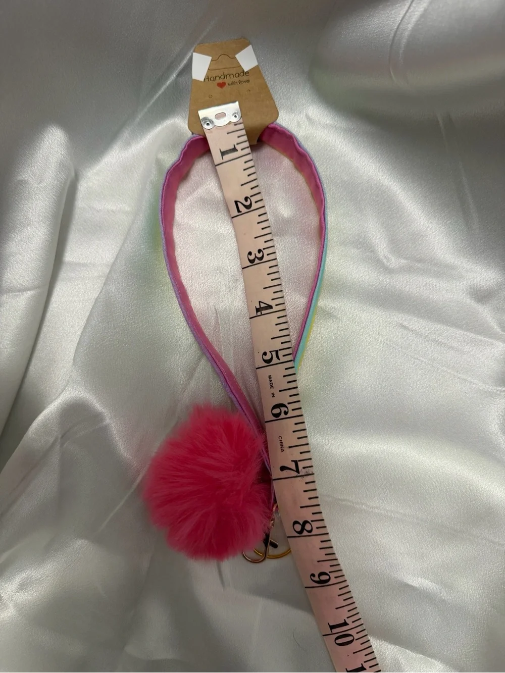 Handmade Rainbow Wristlet Keychain with Bright Pink Pompom